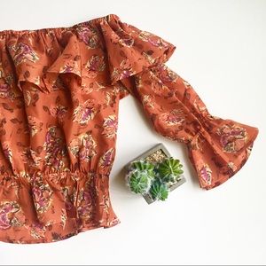 JOA orange floral off-shoulder top